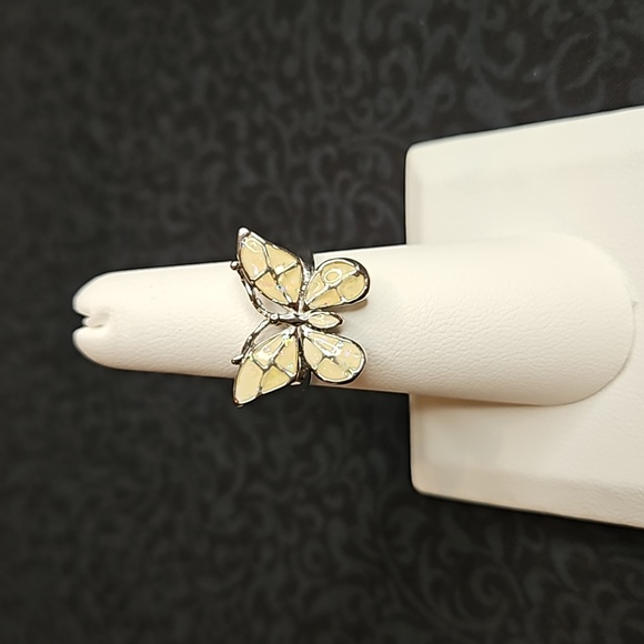 Jewelry - Vintage Silver Tone Iridescent Cream Enamel Butterfly Ring Size 7